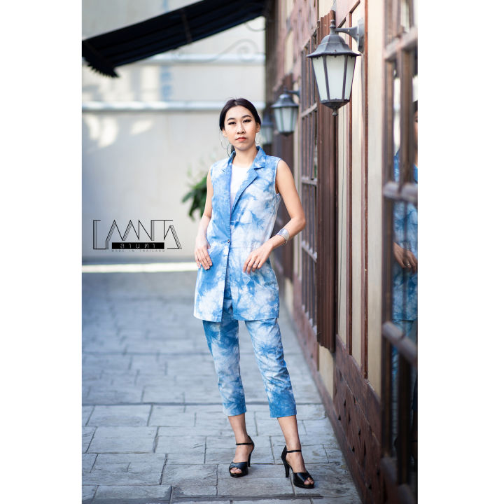 laanta-เซ็ตเสื้อเบลเซอร์แขนกุด-กางเกง-ขายแยกชิ้น-มัดย้อมคราม-indigo-tie-dye