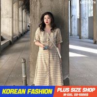 Plus size เสื้อผ้าสาวอวบ เดรสสาวอวบอ้วน ไซส์ใหญ่ ผู้หญิง เดรสลายสก็อต ยาว แขนสั้น คอวี ฤดูร้อน สไตล์เกาหลีแฟชั่น x1