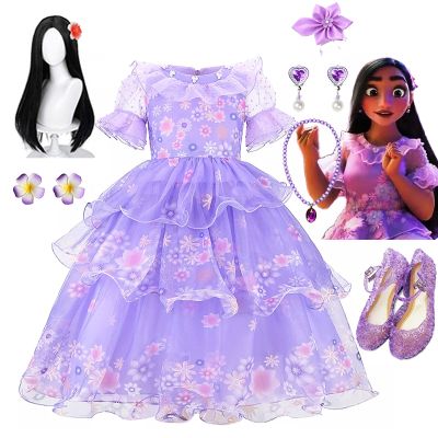 ☑ Disney Encanto Princess Girls Isabela Marigal Dresses Kids Carnival Party Costume Children Cosplay Halloween Birthday Mesh Dress