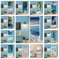 Sea Beach Blue Sky วอลล์เปเปอร์สำหรับประตูห้องนอนห้องน้ำตกแต่งประตูสติกเกอร์ Self-Adhesive PVC กันน้ำภาพจิตรกรรมฝาผนังสติ๊กเกอร์ติดผนัง