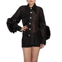 SHU APPAREL LONG SLEEVE RUFFLE BLOUSE #1 - BLACK