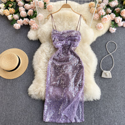 Ladies Elegant Evening Dress Summer Dress 2021 New Scheming Pleated Temperament Slim Midi Sequined Sling Party Dress