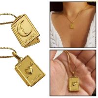 blg Vintage Charm Album Box Heart Crescent Moon Openable Gold Color Copper Necklace 【JULY】