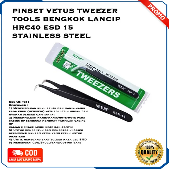 Pinset Vetus Tweezer Bengkok Lancip Tebal Esd Black Stainless Steel