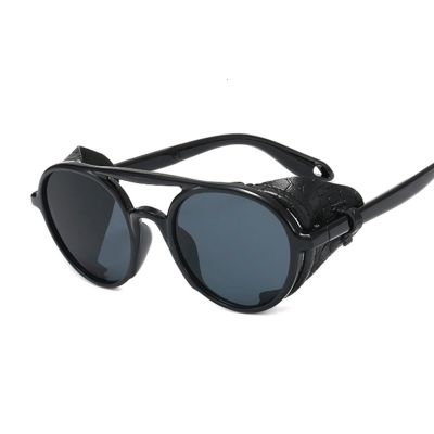 Fashion Round Steampunk Sunglasses Men Women Vintage Brand Designer Leather Punk Sunglasses Male Female Retro Black Oculos