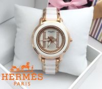 นาฬิกาข้อมือ แฟชั่น แบรนด์ สายเลส สี Rose Gold สลับพลาสติก สีขาว (Hermes)