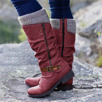 Women Winter Buckle Lace Knitted Mid-calf Boots Low Heel Round Toe Boots Top Quality Winter Warm Boots Women Botas De Mujer