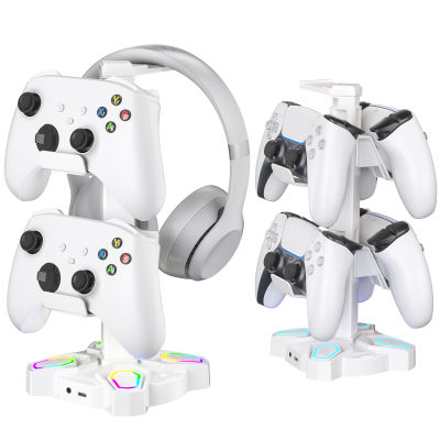 USB Hub Xbox /PS5/ PS4 /Nintendo Switch Controller ผู้ถือขาตั้งหูฟังหมุนได้ที่วางหูฟัง9 RGB โหมดชาร์จ USB 2พอร์ต Type-C