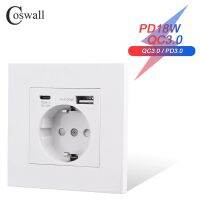 COSWALL Plastic Panel White EU / Spain / Russia Wall Power Socket Grounded With 18W Type-A &amp; C Dual USB DC 5V 3A Fast Charger