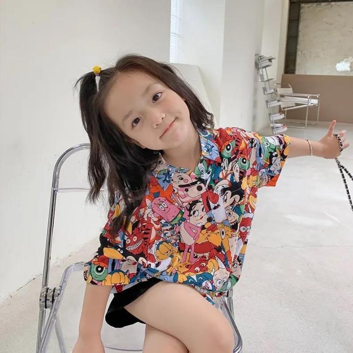 เสื้อเชิ้ตผ้าฝ้ายทันสมัยของเด็กผู้หญิง-เสื้อแขนสั้นพิมพ์ลายการ์ตูนสไตล์เกาหลีใหม่สำหรับฤดูร้อน