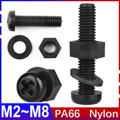 3In1 Set Black Nylon Screw Nut Washer Gasket Combination M2 M2.5 M3 M4 M5 M6 M8 Round Head Cross Bolt Plastic Insulated Screw Nails Screws Fasteners