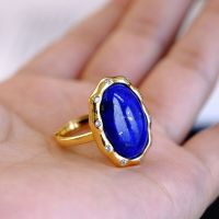 Classic Ancient Gold Craft Silver Inlay Vintage Oval Lapis Lazuli Blue Rings For Women High-End Banquet Jewelry Adjustable