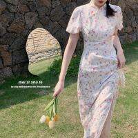 หญิง Qipao ดอกไม้คอจีน Cheongsam Vestidso ชุดจีนที่สง่างามพัฟแขนแปลกทุกวันชุดราตรี