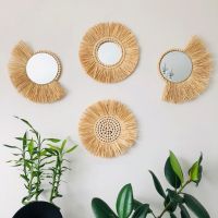 Moroccan Raffia Wall Hanging Wood Beads Hand-woven Decorative Mirror Home Decoration Living Room Hanging Decorations