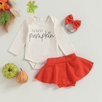 Baby Girls Halloween Outfits Long Sleeve Letter Print Romper + Skirt Shorts + Headband Newborn 3 Pieces Set for 0-12 Months  by Hs2023