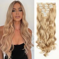 Synthetic 24Inch 16 Clips In Hair Extensions 7Pcs/Set Long Wavy Hairstyles Blonde Brown Heat Resistant Hairpiece For Women Wig  Hair Extensions  Pads