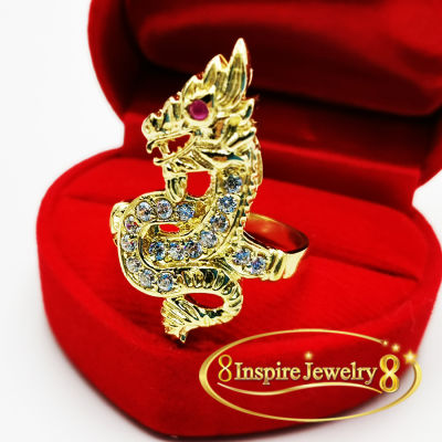 Inspire Jewelry ,แหวนพญานาคฝังเพชรสวิส ตาพลอย  ตัวเรือนหล่อจากทองเหลืองแท้ทั้งวง  รุ่นนิยมสำหรับดารานักแสดง นำโชค เสริมดวง