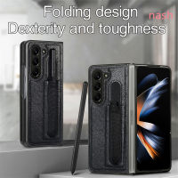 สำหรับ Samsung Galaxy Z Fold5การป้องกันเลนส์ไม่ติดลายนิ้วมือพร้อมช่องเสียบปากกาเคสโทรศัพท์หนังกันกระแทกหรูหรา