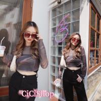 เสื้อแขนยาว เสื้อกันหนาว เสื้อกันหนาว ผญ เสื้อกันหนาว ผช Cicishop(J290)Crop Top เสื้อครอปแขนยาวซีทรูพิมพ์ลายสไตล์y2k ผ้าบางใส่สบายปังสุดๆ