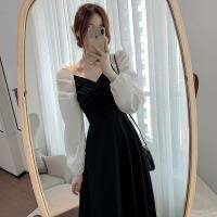 ?-卐卐 French style imperial elder sister wind knee length skirt womens spring and autumn new waist closing sweet splicing design temperament Long Sleeve Dress