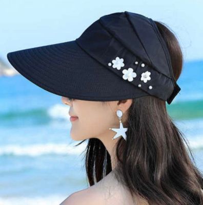 JZ fasionsหมวกครึ่งหัวเปิดศรีษะ หมวกกันแดดกันยูวี หมวกปีกหน้ากว้างแดดเข้าไม่ถึง หมวกมีลายปักดอกไม้สวยงามมีสายรัดคางกันลม หมวกผ้าร่ม