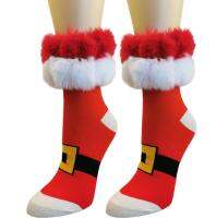 Christmas Red White Striped Socks with Fur Trim Xmas Holiday Gift Cotton Mid Claf Socks Winter Stockings Thighs