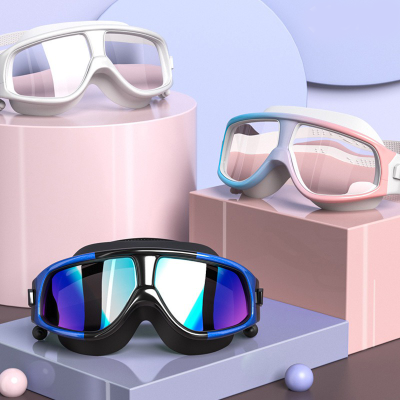 แว่นตาว่ายน้ำ ผู้ใหญ่ Goggles แว่นตาว่ายน้ำสำหรับผู้ชายและผู้หญิง แว่นตาดำน้ำ การชุบ สีต่างๆให้เลือก แว่นตาว่ายน้ำแฟชั่นกรอบใหญ่