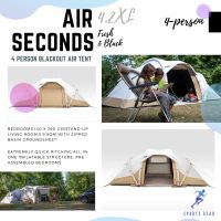 QUECHUA เต็นท์สำหรับครอบครัว Air Seconds 4.2 F&amp;B สำหรับ 4 คน ( 4 person blackout air tent - Air Seconds 4.2XL Fresh&amp;Black) CAMPING TENTS เต็นท์ แคมป์ปิ้ง ตั้งแคมป์ เต็นท์ตั้งแคมป์