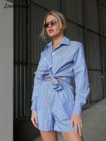 Womens Blue Striped Shirt Two Piece Set Single Breasted Long Sleeved Shirt And Shorts Suits Female Loose Casual Commuting Wear