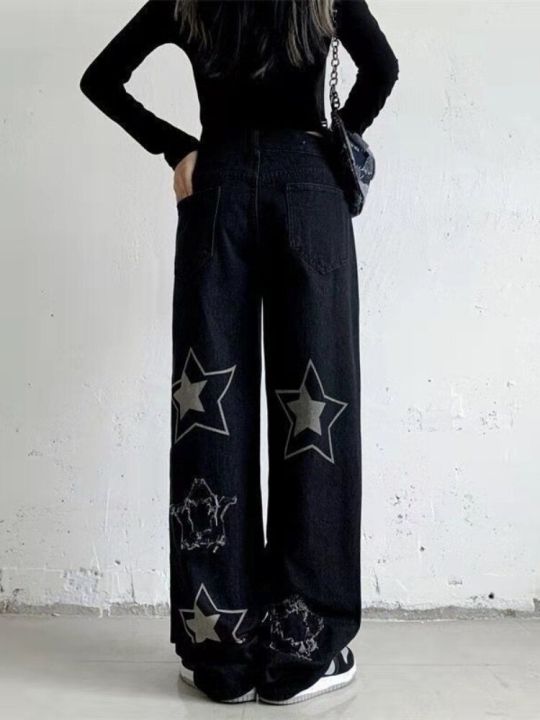 กางเกงยีนส์ขาบานแนวกรันจ์พังก์ดาววินเทจยุค90s-กางเกงขายาวสีดำกางเกงยีนส์สตรีไฮสตรีทกว้างสไตล์บอยเฟรนด์