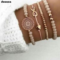 Docona Boho ชุดสร้อยข้อมือลูกปัดสีส้มหัวใจสำหรับผู้หญิงโซ่ดอกไม้สร้อยข้อมือกำไลข้อมือปรับได้เครื่องประดับ Bransoletka 4019