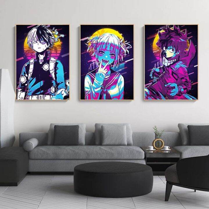 my-hero-academia-anime-โปสเตอร์-retro-neon-ตัวการ์ตูน-todoroki-deku-ภาพวาดผ้าใบภาพผนังศิลปะสำหรับตกแต่งบ้าน