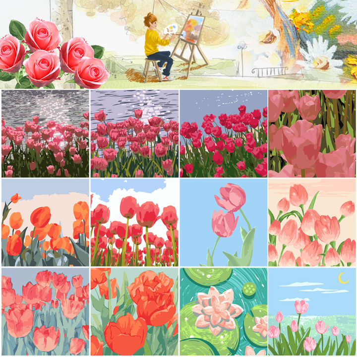 20*20cm INS Tulip Flower DIY Painting Framed Canvas Painting Paint ...