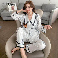 Fiklyc Big French Collar Popular Women Nightwear Ice Silk Smooth Comfortable Pajamas Set Floral Print INS New Fashion Sleepwear