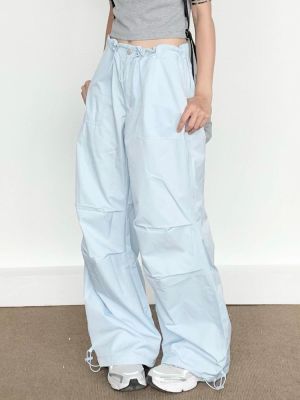 กางเกงร่มชูชีพคาร์โก้ฮิปปี้สีน้ำเงินกางเกงวอร์ม Kpop สไตล์เกาหลีเสื้อคอย้วยตัวโคร่ง Y2K สตรีทแวร์กางเกงขากว้าง Gorpcore