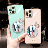 เคสสำหรับออปโป้ไฟนด์ X3/ค้นหา X3 Pro พร้อมกระจกแต่งหน้ามีโบว์กรอบสี่เหลี่ยมเคลือบ6D หรูหรามันวาวกรอบด้านหลังเป็นซิลิโคน Casing Ponsel เคสมือถือเด็กผู้หญิง