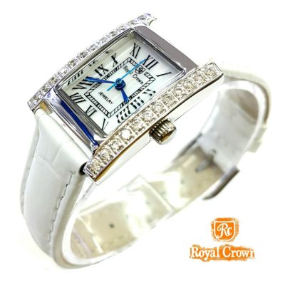 Royal Crown นาฬิกาข้อมือผู้หญิง สายหนังแท้ ประดับเพชร cz อย่างดี รุ่น 6306-LE (White)