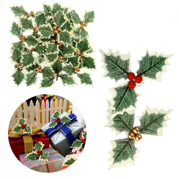 50 Pieces Artificial Holly Berries with Green Leaves Gold Red Holly Berry  Stems with Leaves Artificial Holly Leaves and Berries for Christmas Wreath  Arrangement Cake Toppers Craft Wedding Party Home