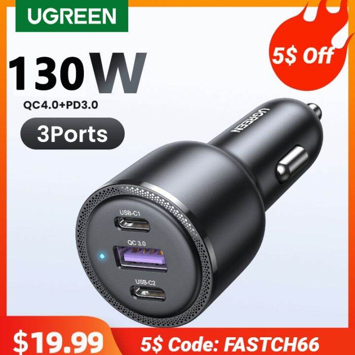UGREEN 130W USB C Car Charger For Xiaomi Iphone 14 13 Pro Laptops Tabet
