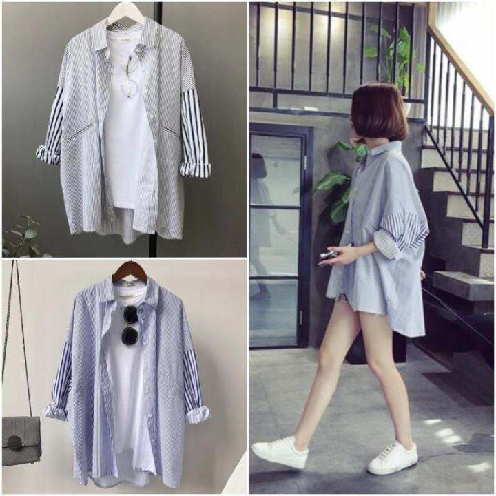 พร้อมส่ง-เสื้อเชิ้ตแขนยาวลายทาง-โอเวอร์ไซส์-คอปก-เสื้อเชิ้ตผู้หญิง-คลุมกันแดด-เชิ้ตยาวเกาหลี