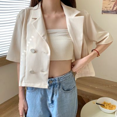 bettingyou ʚ ɞ Summer Korean Simple Women Office Half Sleeve Blazer Lapel Open Front Double Breasted Lightweight Loose S