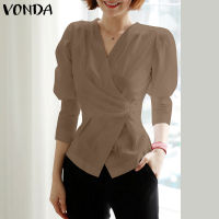 VONDA ผู้หญิงเดินทางเสื้อคอวีธุรกิจที่สง่างามเสื้อแร็บแขนยาว (ลำลองเกาหลี)