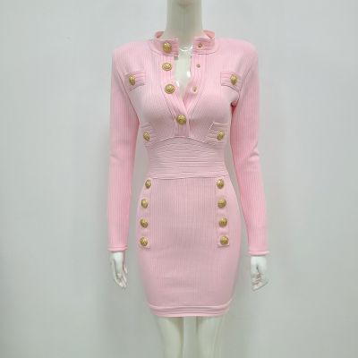 [COD]ol ชุดเดรสสีชมพูมีผ้าพันแผลแขนยาวกระโปรงรัดสะโพกรัดรูปยืดหยุ่น bandage perty dress
