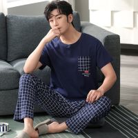 Men Pajamas Set Big Size L-4XL Men Pyjamas Knited Cotton Short Sleeve Sleepwear Male Leisure Home Clothing