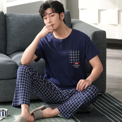 Men Pajamas Set Big Size L-4XL Men Pyjamas Knited Cotton Short Sleeve Sleepwear Male Leisure Home Clothing