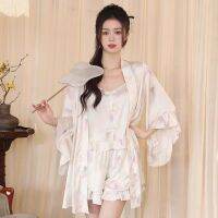 HiGuangGou ชุดคลุมเซ็กซี่พิมพ์ลายผ้าไหมน้ำแข็งสำหรับผู้หญิง,ชุดคลุม Baju Tidur Seksi ทรงหลวมแขนสั้น + ชุดกางเกงขาสั้นสำหรับฤดูร้อนชุดนอนฝรั่งเศษ