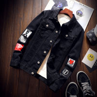 Wholesale 2021 autumn winter casual Handsome student black denim coat patchwork teenagers mens Korean printing jacket clothes