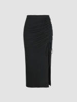 Cider Solid Drawstring Split Maxi Skirt