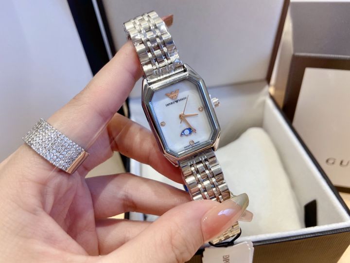armani-นาฬิกาผู้หญิง-นาฬิกาควอตซ์สเตนเลสสตีลสีเงินคุณภาพสูงนาฬิกาหน้าปัดสี่เหลี่ยมหรูหราสำหรับผู้หญิง