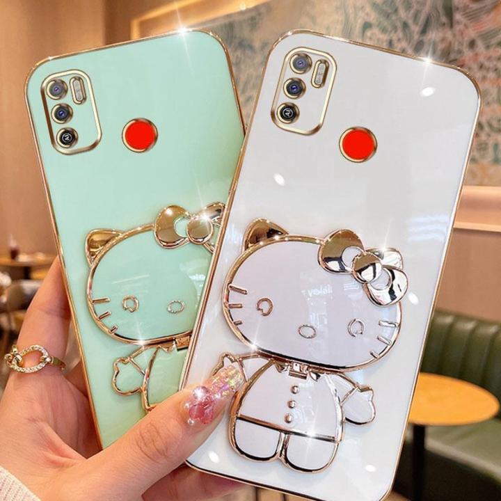 folding-makeup-mirror-phone-case-for-infinix-tecno-spark-6-air-tecno-spark-5-air-ke6-ke6j-kf6-kd6a-case-fashion-cartoon-cute-cat-multifunctional-bracket-plating-tpu-soft-cover-casing